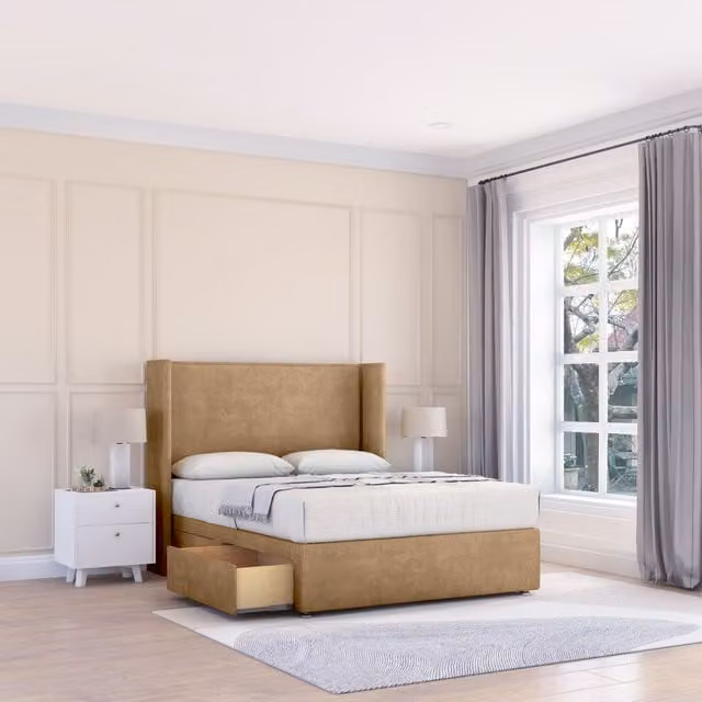 Sloomy Devonshire Dumfries Wingback Bed Set with 54 inch Floor Standing Headboard in Beige Velvet, W/D/H: 200 x 200 cm