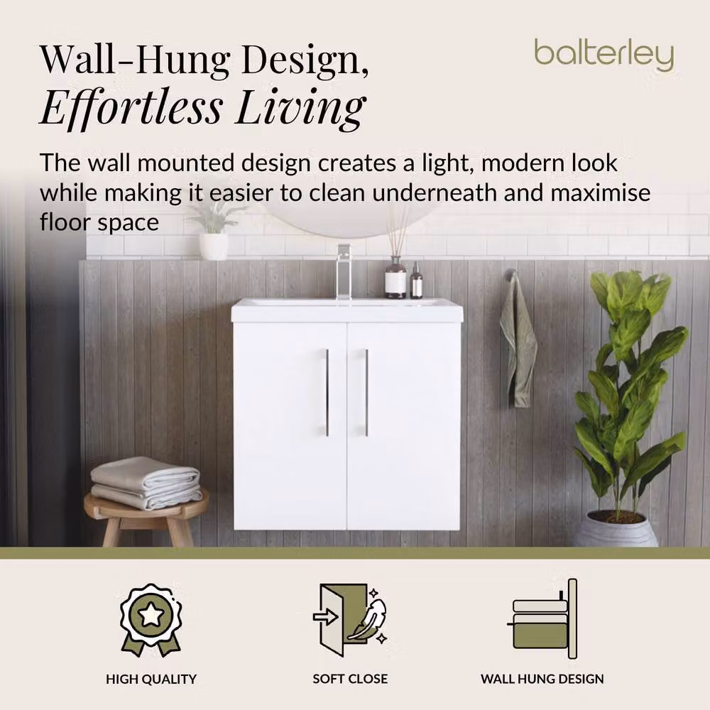 Balterley Modern Gloss White Wall Hung Bathroom Vanity Unit with 2 Soft Close Doors and Rectangular Mid-Edge Basin, W: 60 cm, D: 39 cm, H: 57.9 cm – 2