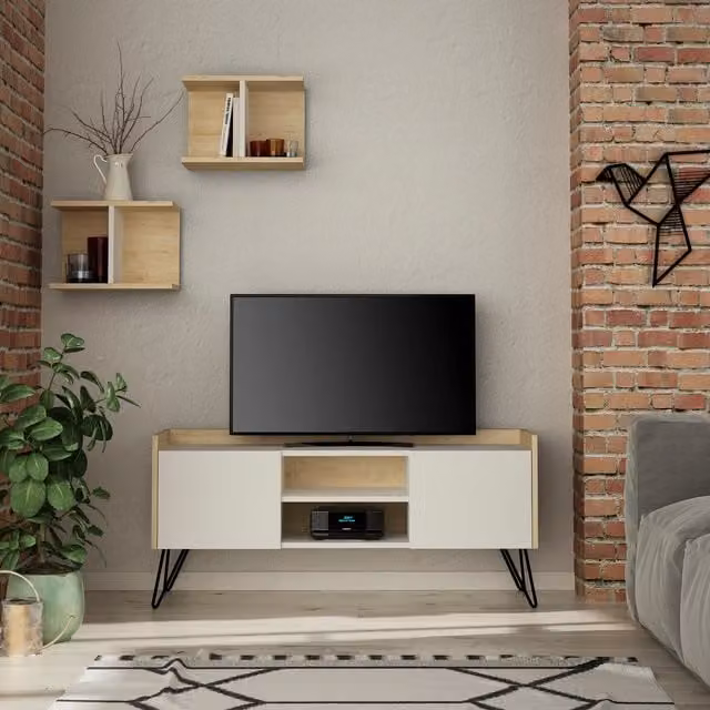 Decortie Klappe Modern TV Stand Multimedia Centre TV Unit in Brown, Yellow and White