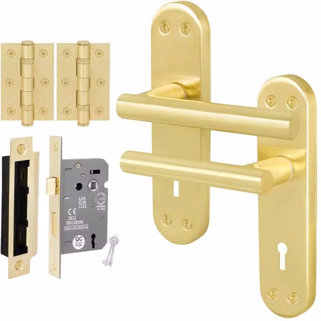 AFIT T-Bar Handle Set with Lock Backplate and 64mm Hinges in Satin Brass Gold, 150 x 150 mm