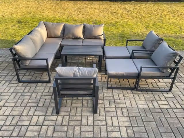 Fimous 10 Seater Aluminium Outdoor Garden Furniture Set in Dark Grey with L-Shape Sofa, Oblong Coffee Table and 2 Ottomans