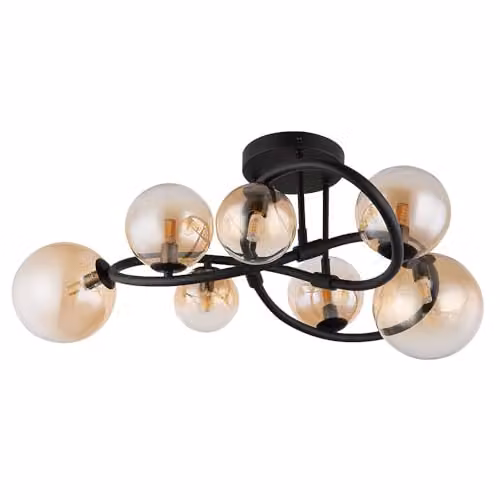 Netlighting Tuberius Multi Arm Semi Flush Ceiling Light in Black with Amber Glass Spheres for 7x G9 Bulbs