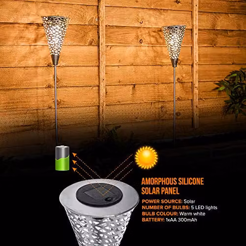 LIVIVO 2pc LED Solar Garden Stake Lights in Silver with Warm White Light and Dusk Sensor – 5