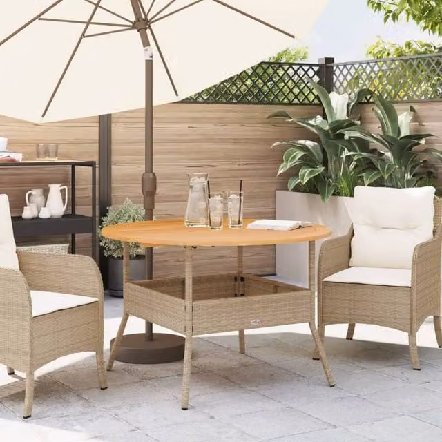 Berkfield Home Extendable Garden Table with Beige Poly Rattan and Acacia Wood Top, W: 110 cm, D: 71 cm