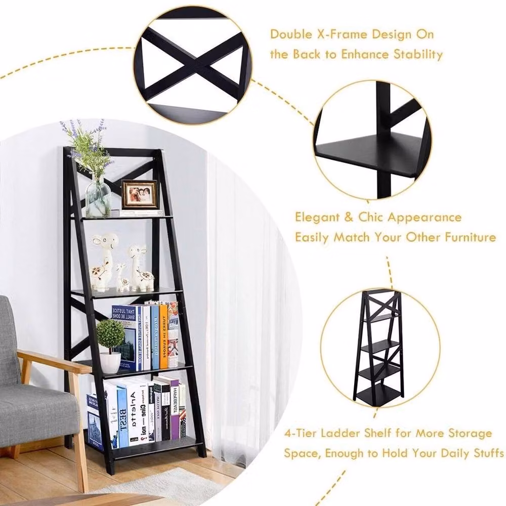 Havendro 4-Tier Wood and Metal Ladder Shelf in Black, H 142.5 x W 45.7 x D 20.0 cm – 3