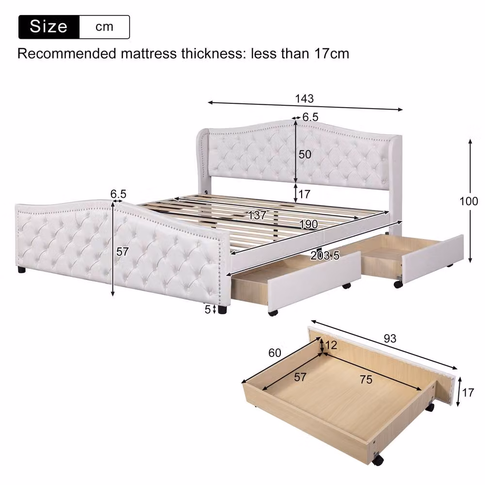 Merax White PU Double Bed Frame with 2 Storage Drawers, W/D/H: 135 x 190 cm – 6