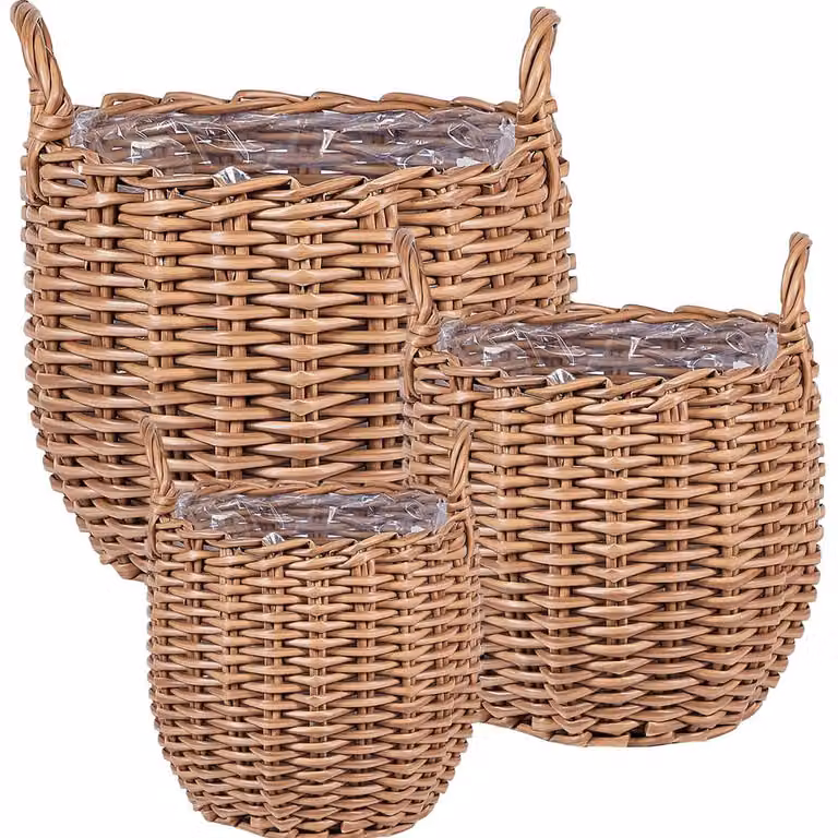 Wyld and Coco Set of 3 Brown PE Rattan Round Plant Baskets with Handles