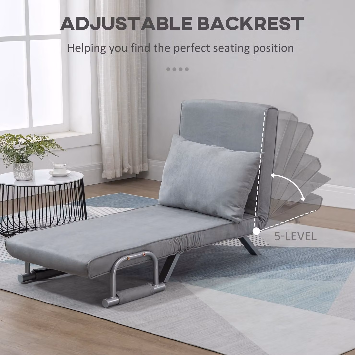 HOMCOM Single Folding 5 Position Convertible Sleeper Chair Bed in Light Grey – 4