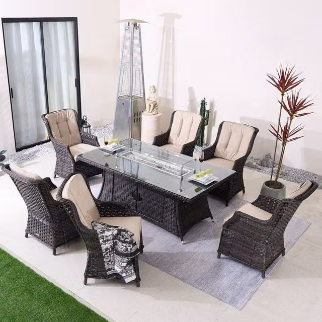 Direct Wicker Premium Brown Rattan Outdoor Fire Pit Dining Set for 6 People – 1