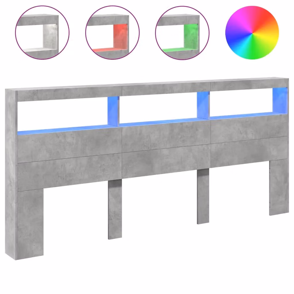 Berkfield Home Modern Wall Mount Headboard Cabinet with LED Lighting and USB Charging Port in Concrete Grey, W: 220 cm, D: 17 cm, H: 102 cm – 1