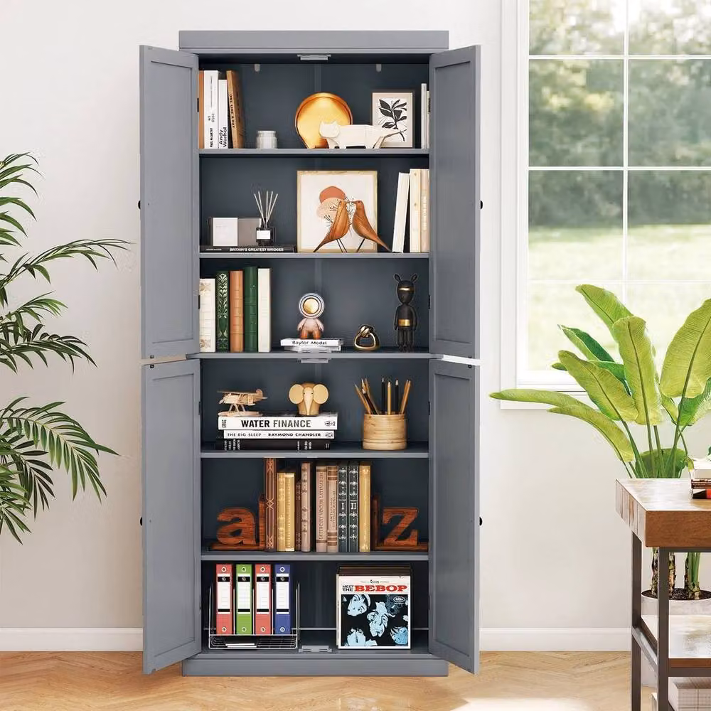 KORVIXA Grey Tall Buffet Cabinet with Hinged Doors and Internal Shelves, H 184 cm x W 100 cm x D 100 cm – 4