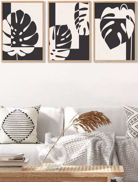 ARTZE Set of 3 Mid Century Monstera Botanical Wall Art with Oak Frames in Black and White, W45 x H62 x D0.2 cm
