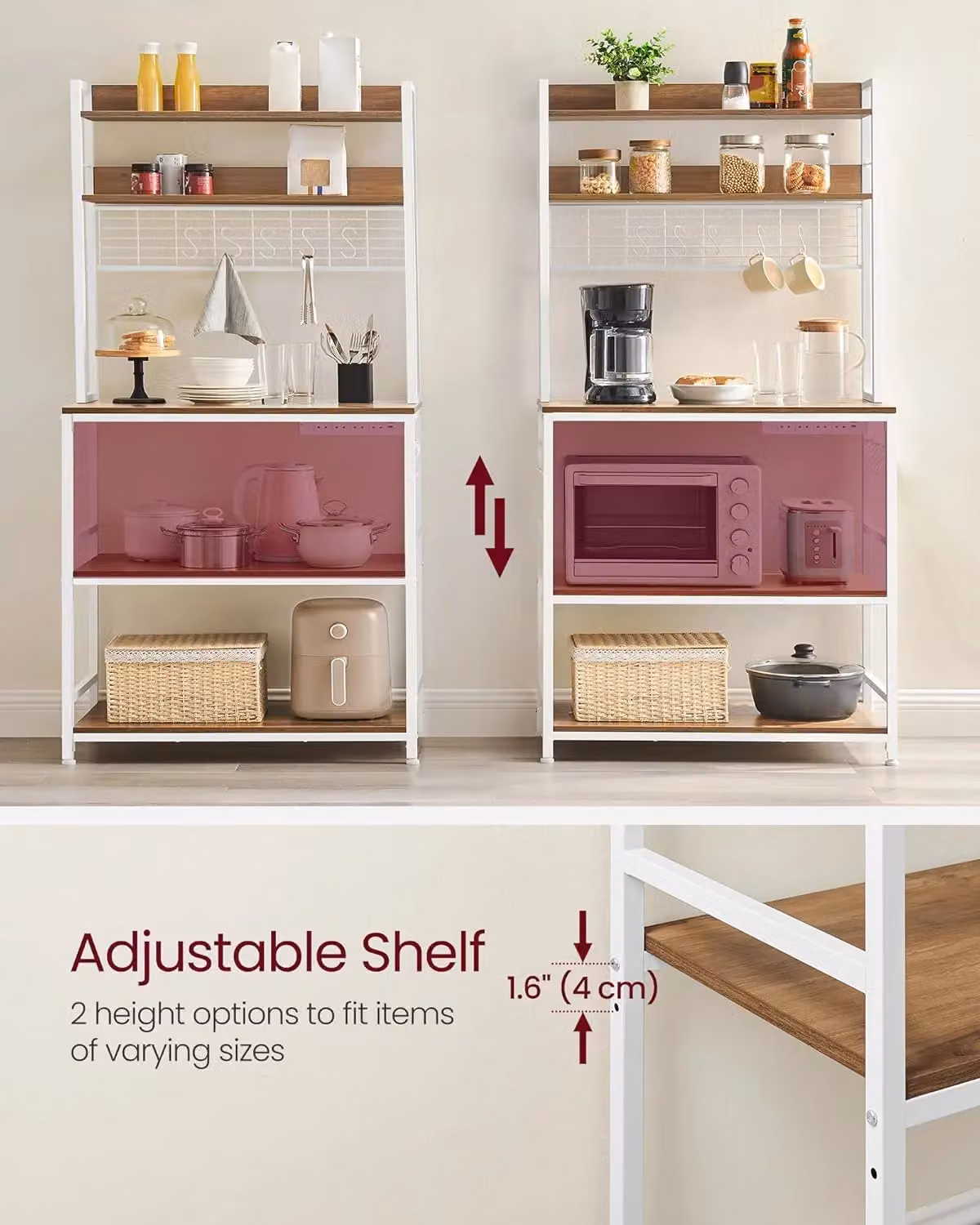 VASAGLE Industrial Kitchen Rack in Brown with Power Outlet, Hooks and Metal Wire Panel – 3