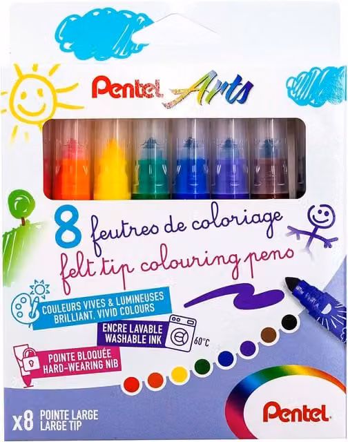 Pentel Arts Washable Broad Felt Tip Colouring Pens, Pack of 8, Multi-colour