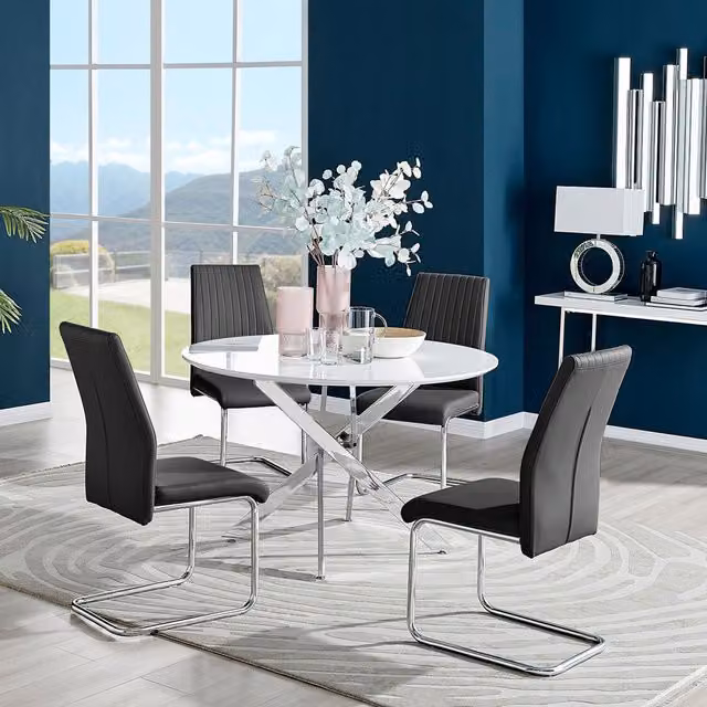 FurnitureboxUK Novara White High Gloss Round Dining Table with 4 Lorenzo Black Faux Leather Chairs, Diameter: 120 cm