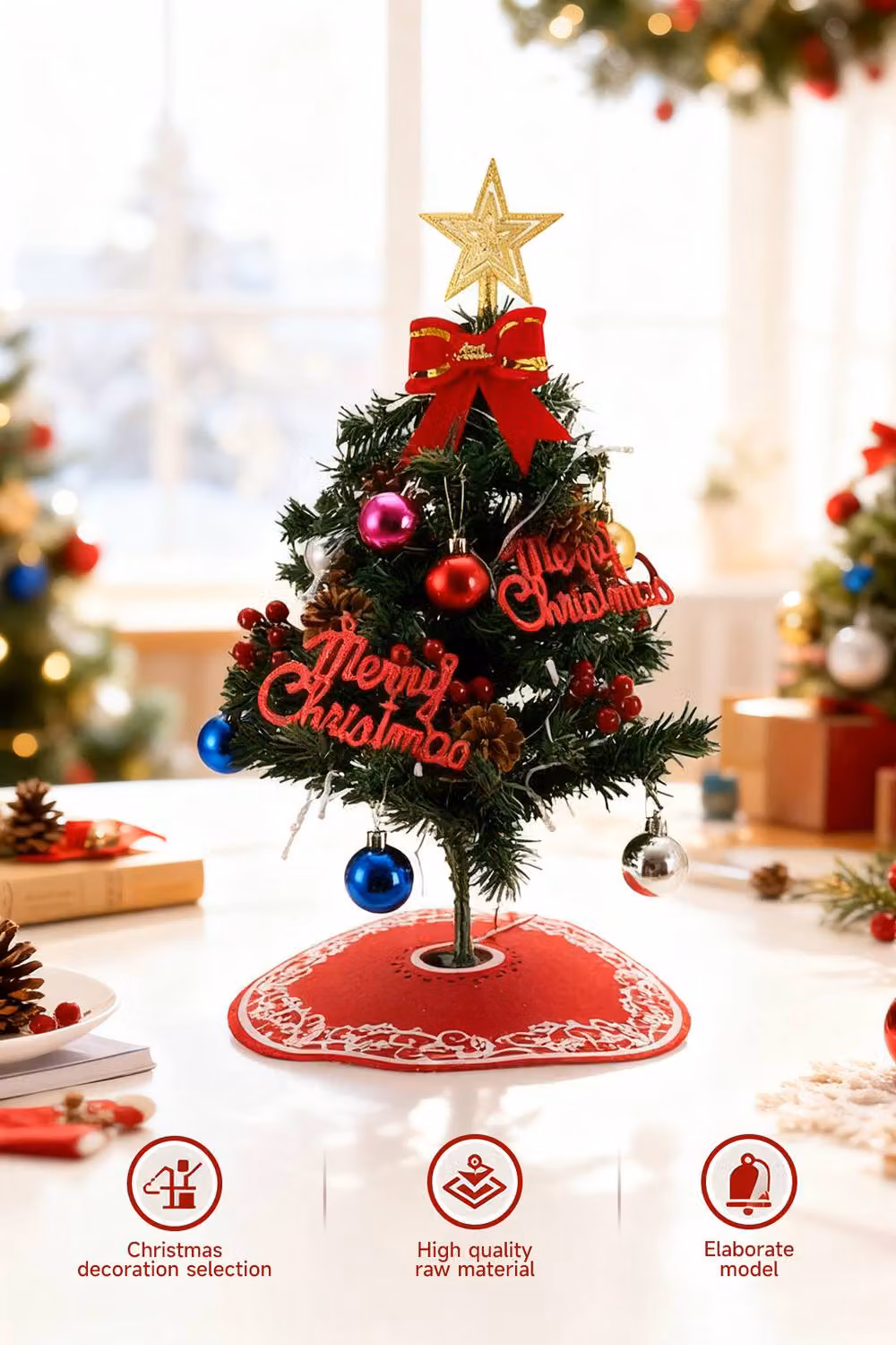 Living and Home 55cm Mini Pre-Lit Tabletop Christmas Tree with Star Top, Bow and Tree Skirt in Multicolour – 4