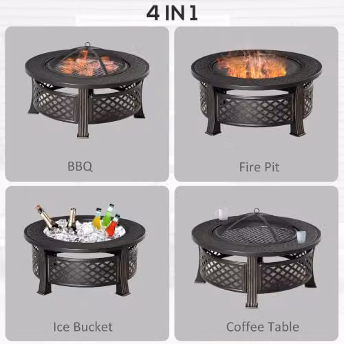 Outsunny Bronze Tone Round Steel Outdoor Fire Pit with Grill Net and Poker, Diameter: 81 cm – 6