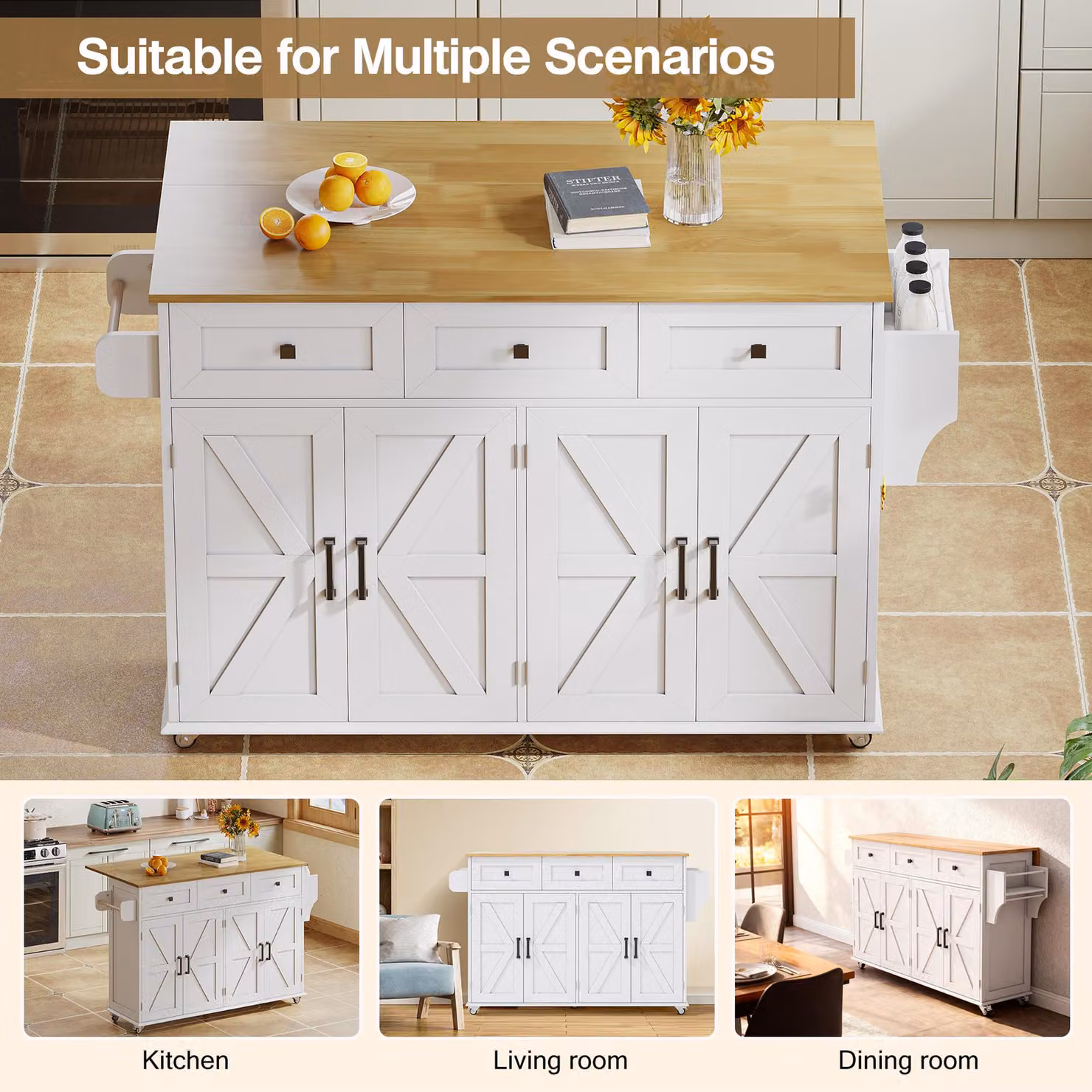Aosom UK Kitchen Island Cart with 3 Drawers and Foldable Countertop, White and Natural, W: 70 cm, D: 43 cm, H: 90.5 cm – 3