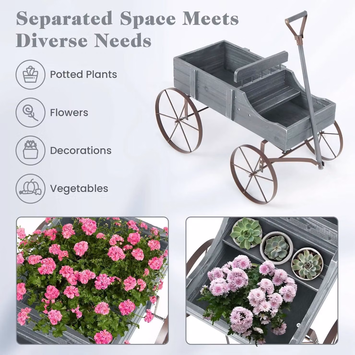 Gymax Wood Wagon Flower Planter with Wheels in Grey, W/D/H: 62 x 34 x 60 cm – 4