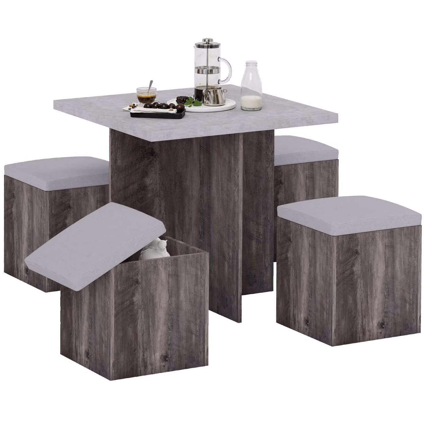 HOMCOM 5 Piece Wooden Dining Set with Square Table and Grey Cushioned Ottoman Seats – 2