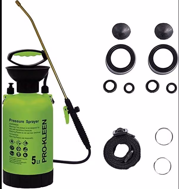 ProKleen 5L Manual Garden Pressure Sprayer with Brass Lance and Spare Seal Kits in Green
