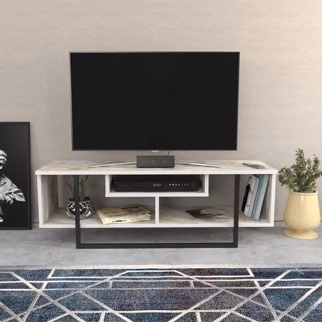 Asal TV Unit in White Marble Effect and Black, Width: 120 cm