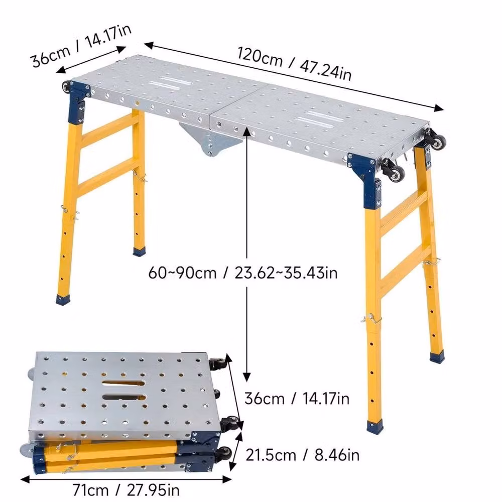FLAVORA Foldable Portable Step Platform Work Bench in Multicolour Galvanised Steel, W/D/H: 120 x 36 x 60-90 cm – 1