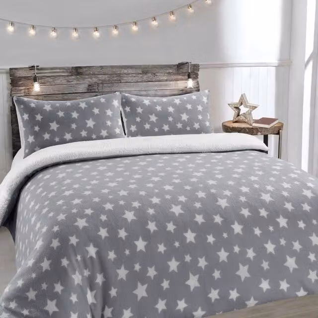Velosso Teddy Stars Duvet Cover and Pillowcase Set in Silver Grey, W: 180 cm, H: 200 cm