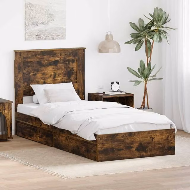 Berkfield Home Modern Storage Bed with Drawer in Smoked Oak Brown, W/D/H: 90 x 190 cm – 1
