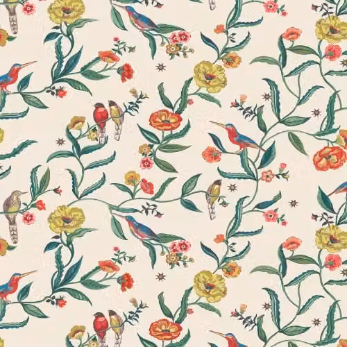 Muriva Cath Kidston Summer Birds Wallpaper in Beige and Multicolour with Kingfisher Birds and Floral Patterns – 1