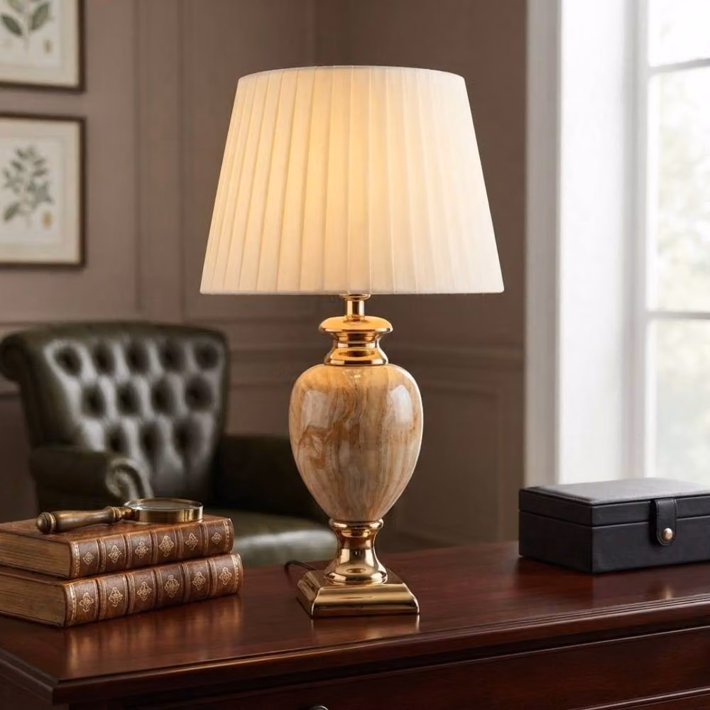 HOME LUXE INTERIOR Medium Marble Table Lamp in Beige and Gold with Pleated Fabric Shade, Height: 61 cm – 2