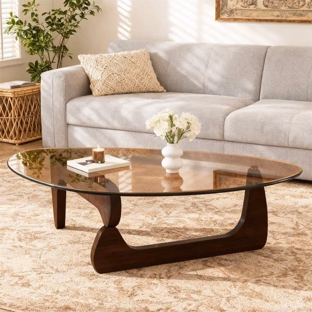 FLAVORA Modern Irregular Glass Coffee Table with Brown Wood Base – 4