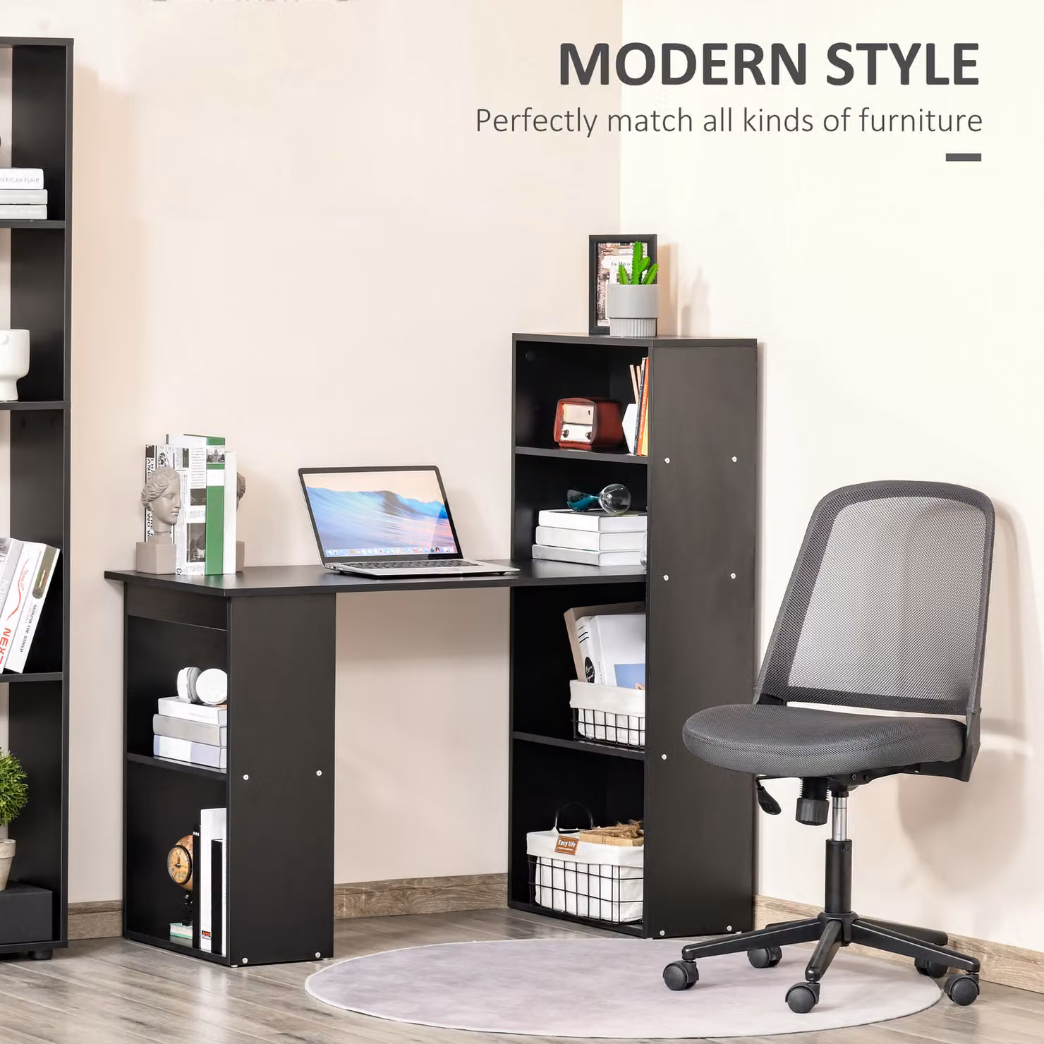 HOMCOM Modern Computer Desk and Bookshelf with 6 Shelves, Black – 4