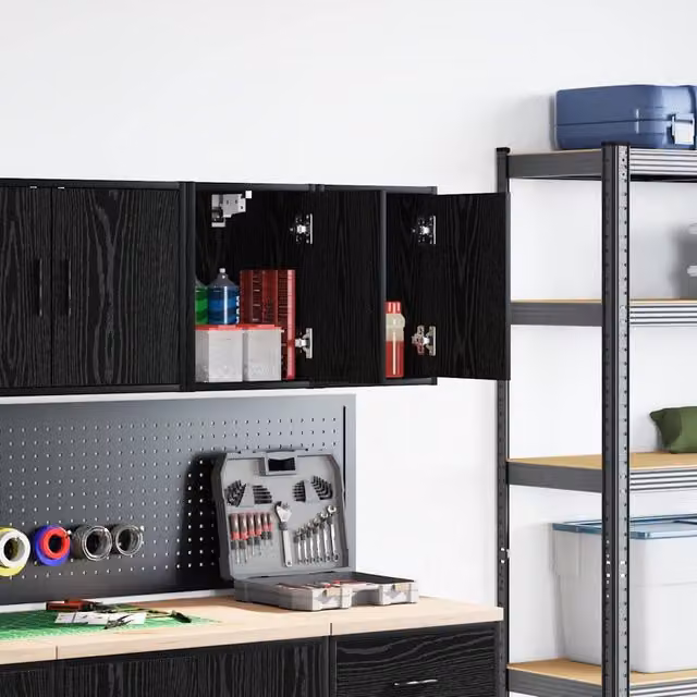Berkfield Home Set of 2 Black Matt Wall Mounted Garage and Workshop Cabinets in Engineered Wood