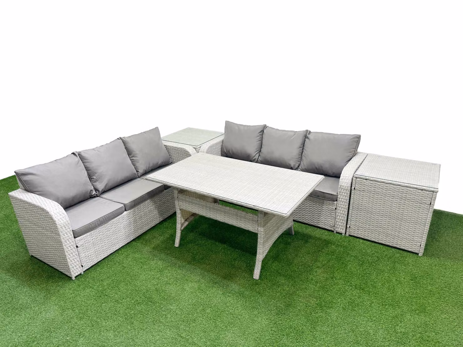 Fimous 6 Seater Rattan Garden Furniture Set with Rectangular Glass Dining Table and High Back Lounge Sofas in Grey and White