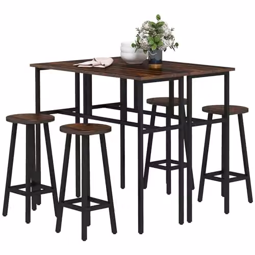 HOMCOM 6-Piece Breakfast Bar Table and Stools Set in Rustic Brown – 1