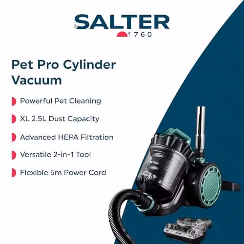 Salter Multicyclonic Pet Pro Bagless Cylinder Vacuum Cleaner in Blue and Green with 700W Motor, HEPA Washable Filter and Pet Turbo Brush – 3