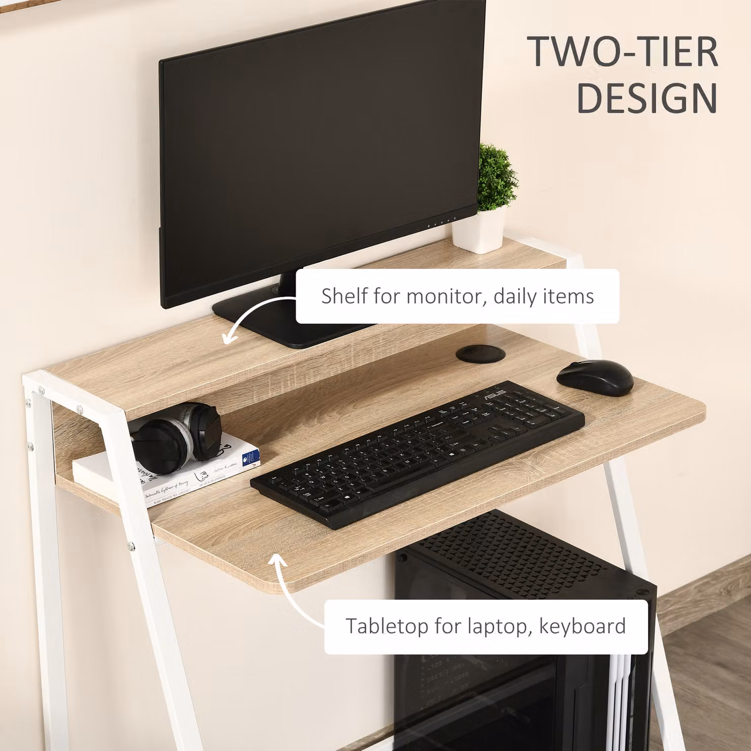 HOMCOM Minimalist Computer Desk and Writing Table with Storage Shelf in White and Oak – 3