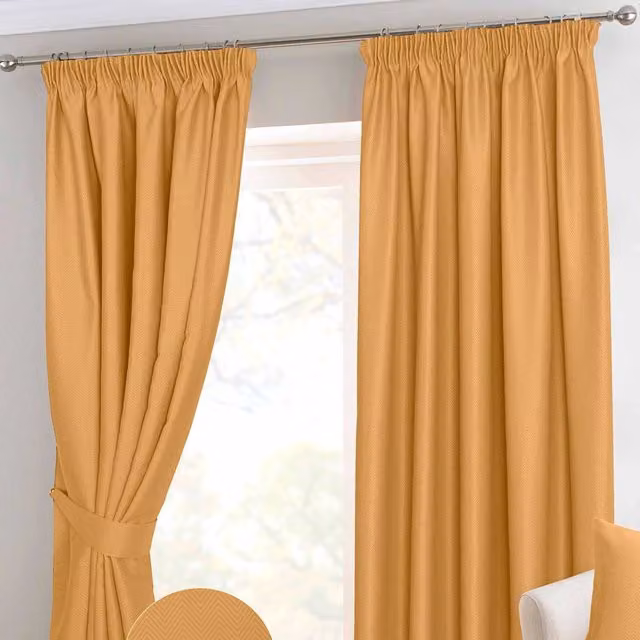 Homescapes Yellow Herringbone Chevron Blackout Pencil Pleat Curtains, Pair, Height: 182 cm