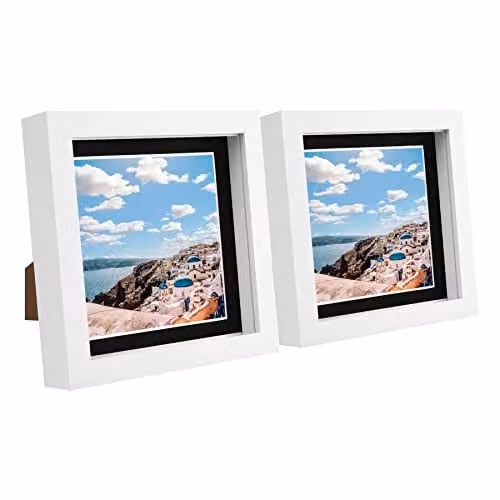 Nicola Spring Pack of 2 White Square 3D Box Photo Frames with Black Mount for Tabletop or Hanging Display