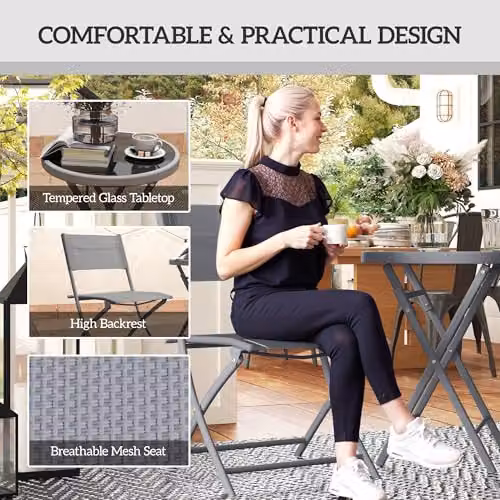 Outsunny 3 Piece Outdoor Bistro Set with Glass Top Round Table and 2 Folding Chairs in Grey – 4