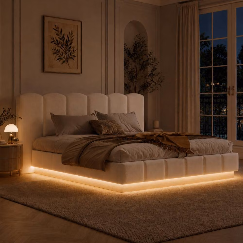ModernLuxe Super King Ottoman Bed with Padded Scalloped Headboard in White Bouclé, W/D/H: 180 x 200 x 218.5 cm – 2