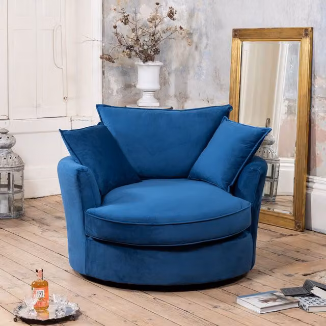 Artemis Home Havana Blue Velvet Swivel Base Cuddle Chair with Armrests and Solid Wood Frame