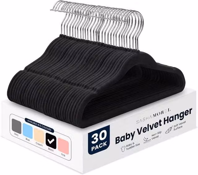 Sasha Morel Black Velvet Baby Clothes Hangers with Swivel Hooks, 30 Pack