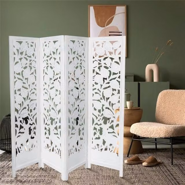 Topfurnishing 4 Panel Hand Carved Stag Deer Wooden Room Divider Screen in White