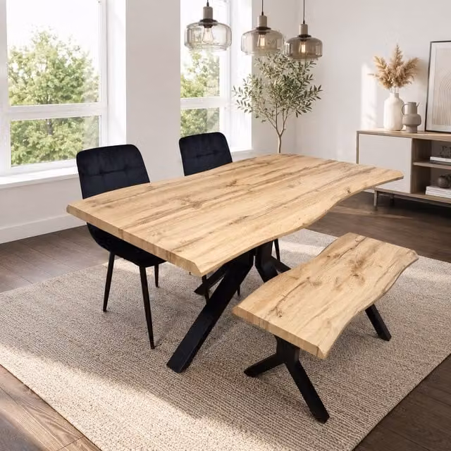 Kosy Koala Dakota Dining Set with Velvet Chairs and Bench in Black and Brown, W: 140 cm