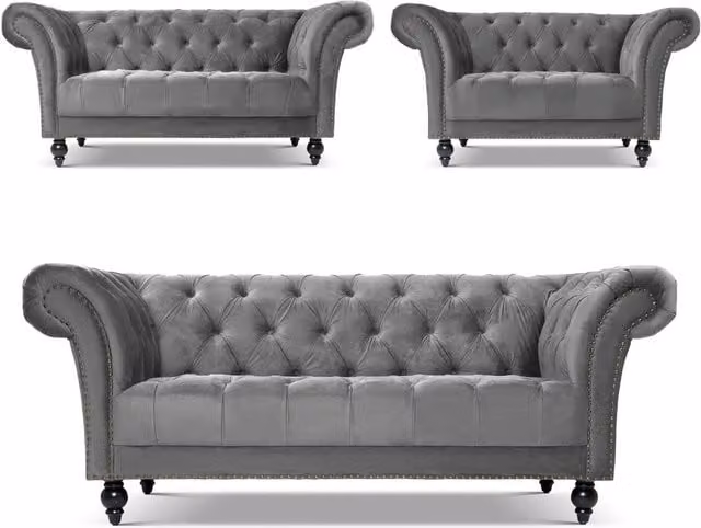 Bravich LTD Chesterfield 1 Seater Velvet Sofa with Rolled Arms and Buttoned Back in Grey – 1