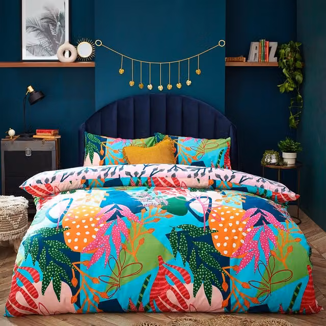 Make it a Home Tropical Palm Floral Duvet Cover Set, Multicolour and Blue, 200 x 200 cm