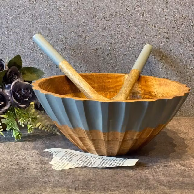Hartsmede Nakkashi Hand Carved Wooden Serving Bowl Set with Spoons in Grey