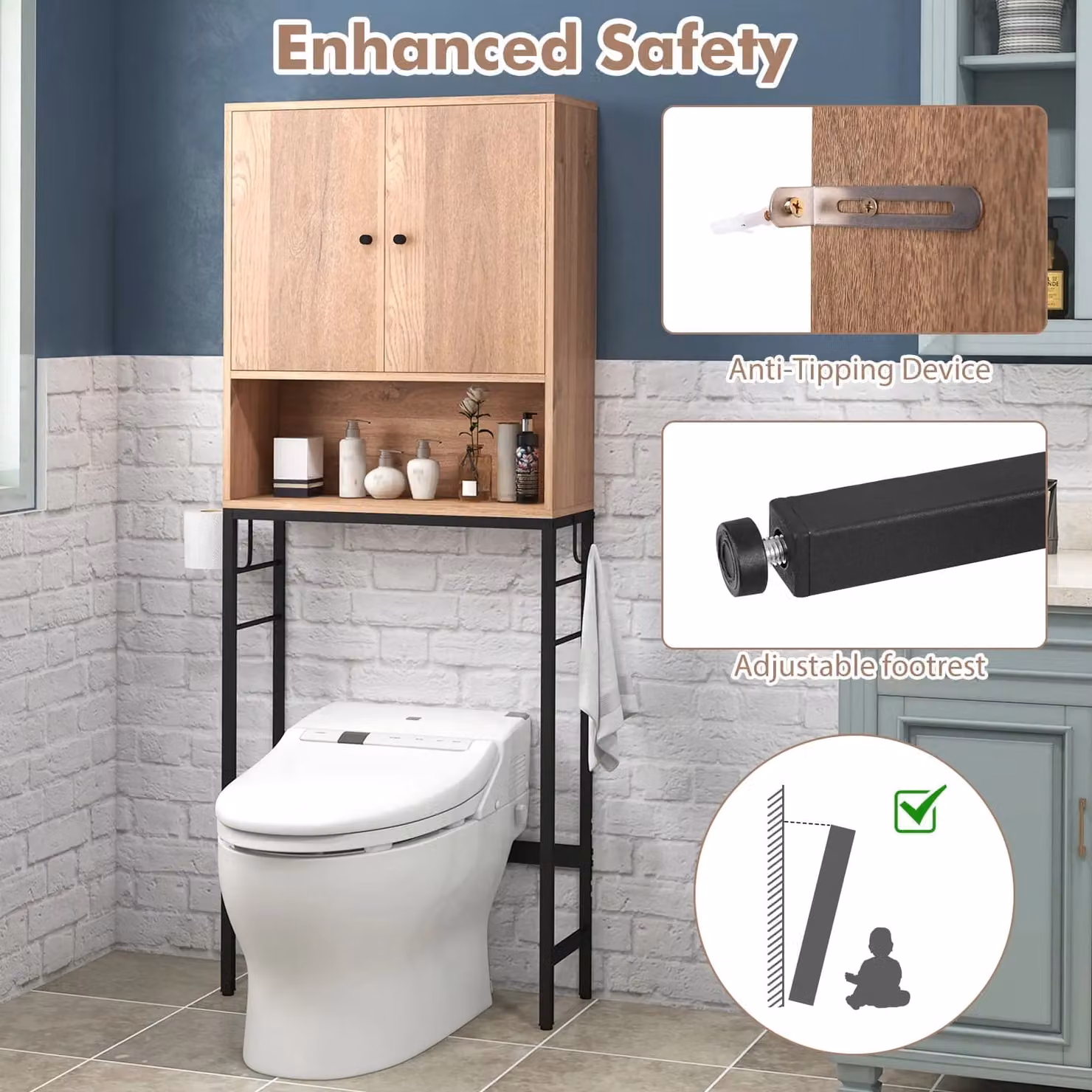 Costway Free Standing Over The Toilet Storage Cabinet in Natural Wood and Metal with Adjustable Shelves – 4